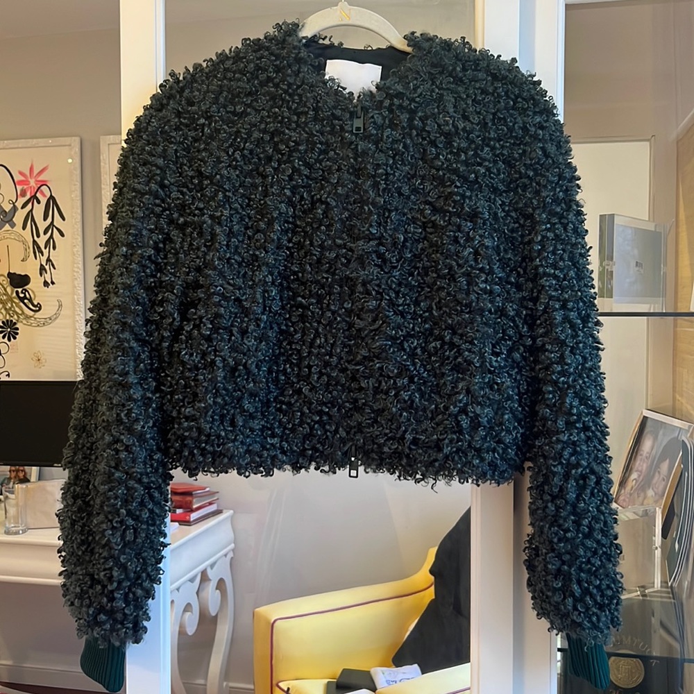 Tibi green faux fur bomber jacket